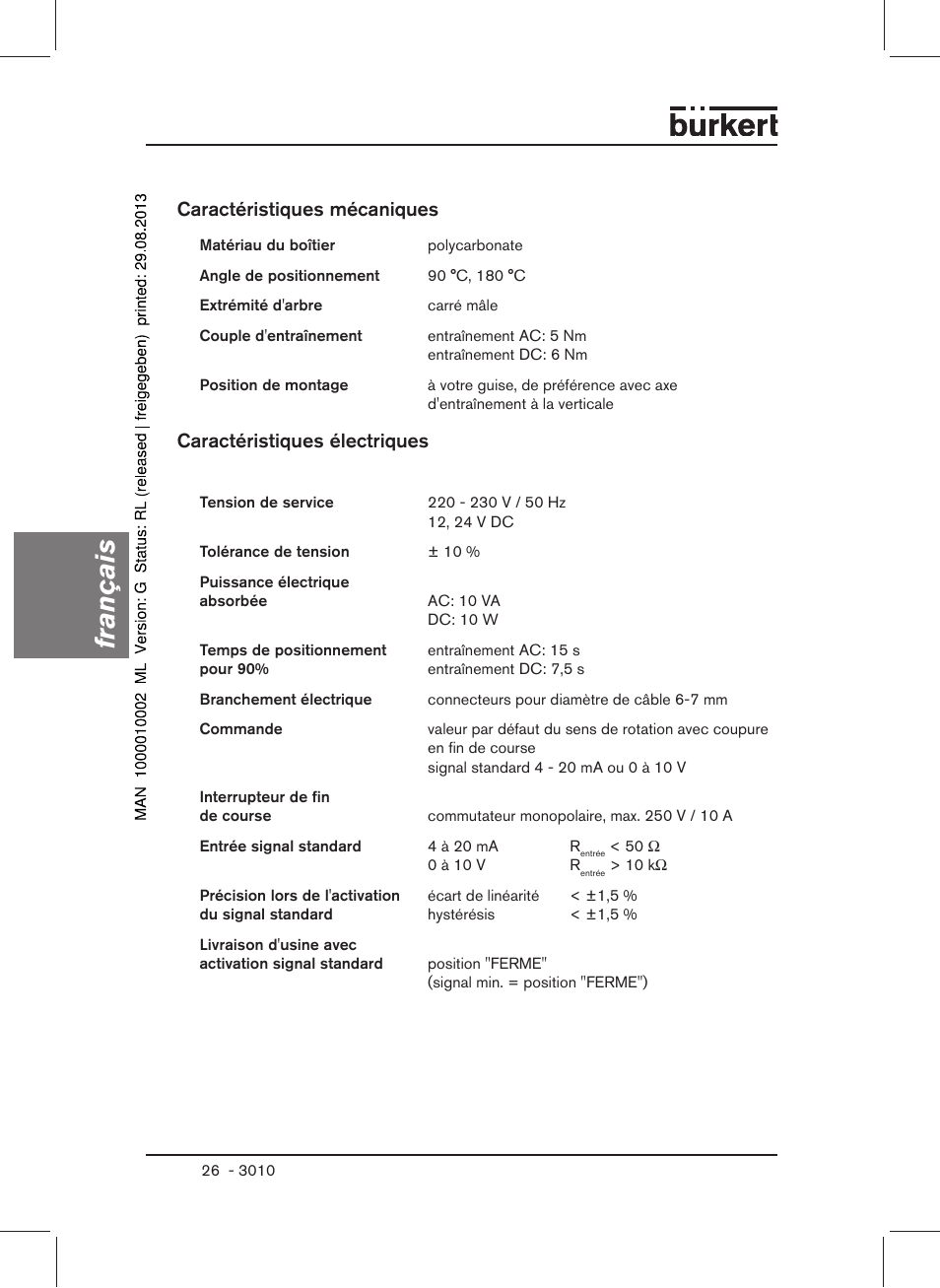 Français, Caractéristiques mécaniques, Caractéristiques électriques | Burkert Type 3010 User Manual | Page 28 / 34