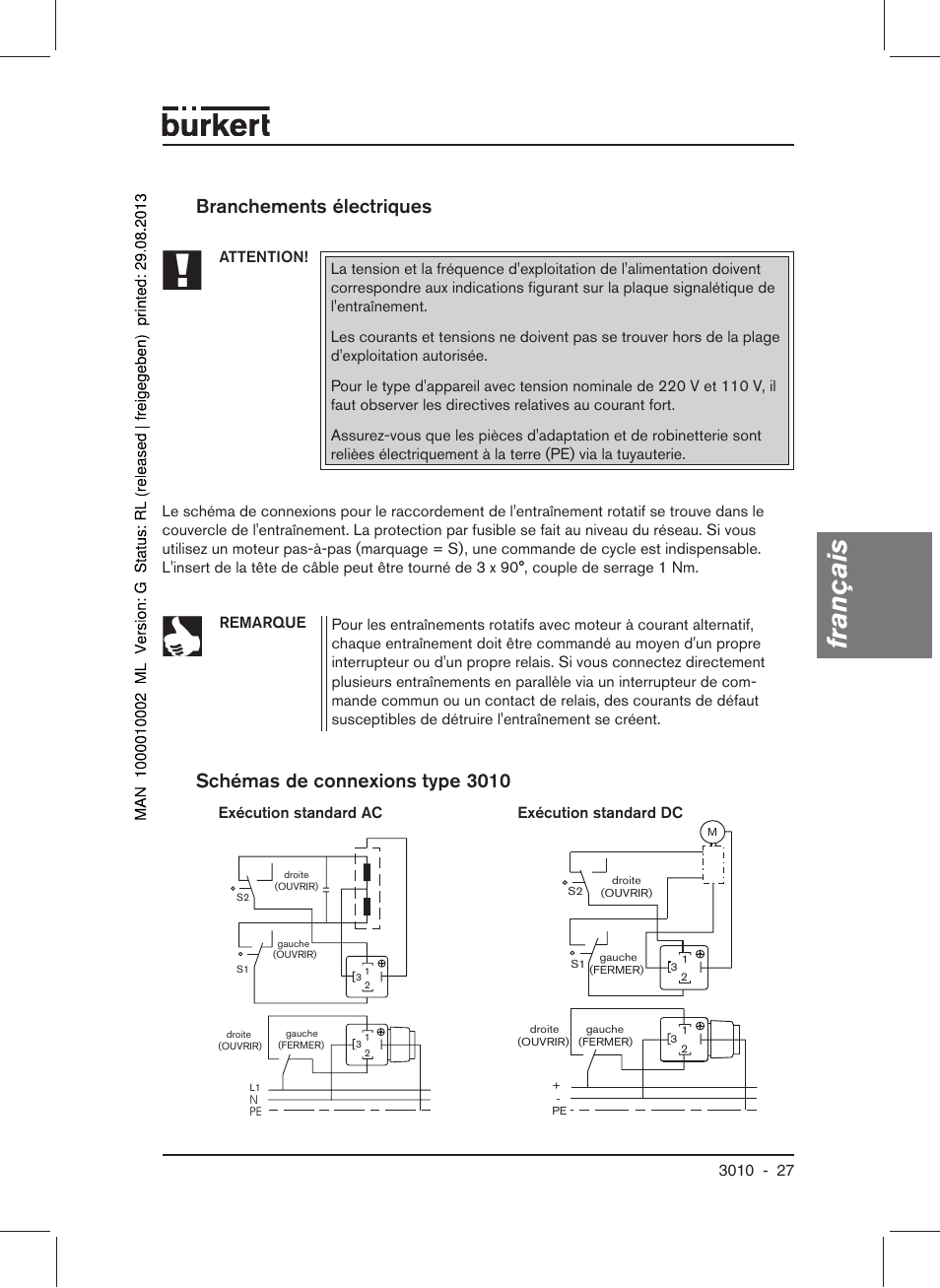 Français, Branchements électriques, Schémas de connexions type 3010 | Burkert Type 3010 User Manual | Page 29 / 34