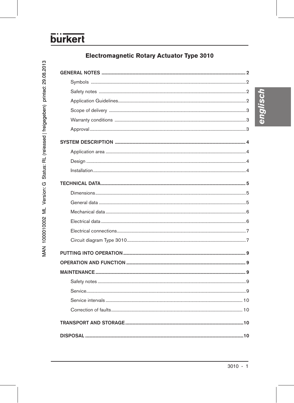 Englisch, Electromagnetic rotary actuator type 3010 | Burkert Type 3010 User Manual | Page 3 / 34