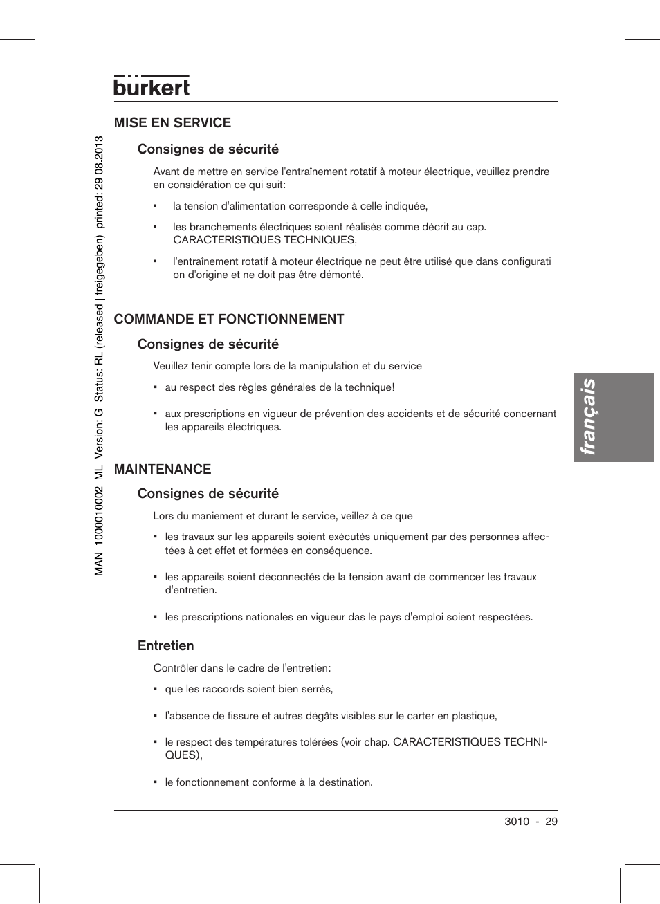 Français | Burkert Type 3010 User Manual | Page 31 / 34