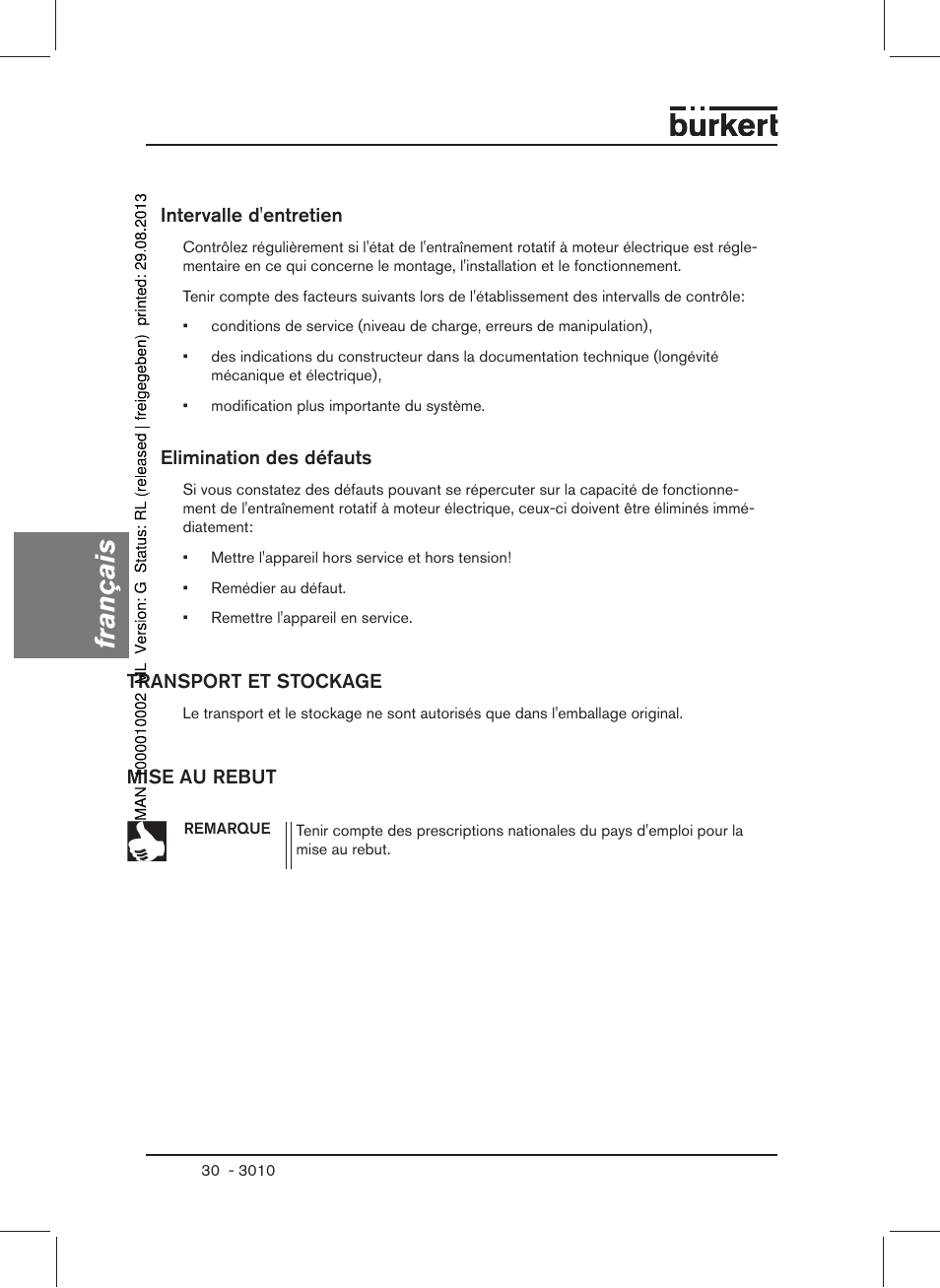 Français | Burkert Type 3010 User Manual | Page 32 / 34