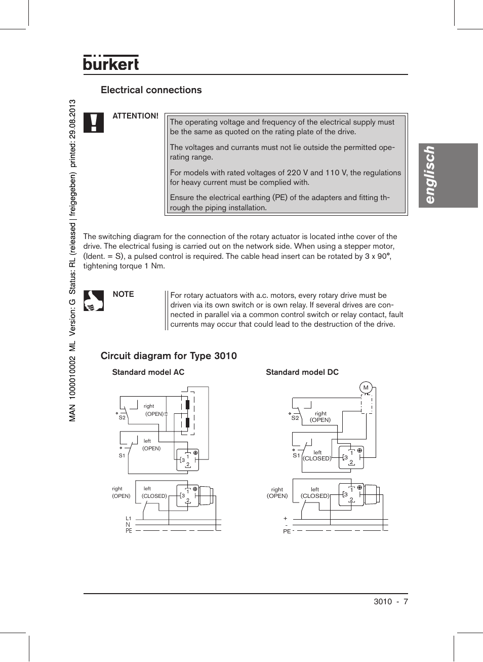 Englisch, Electrical connections, Circuit diagram for type 3010 | Burkert Type 3010 User Manual | Page 9 / 34