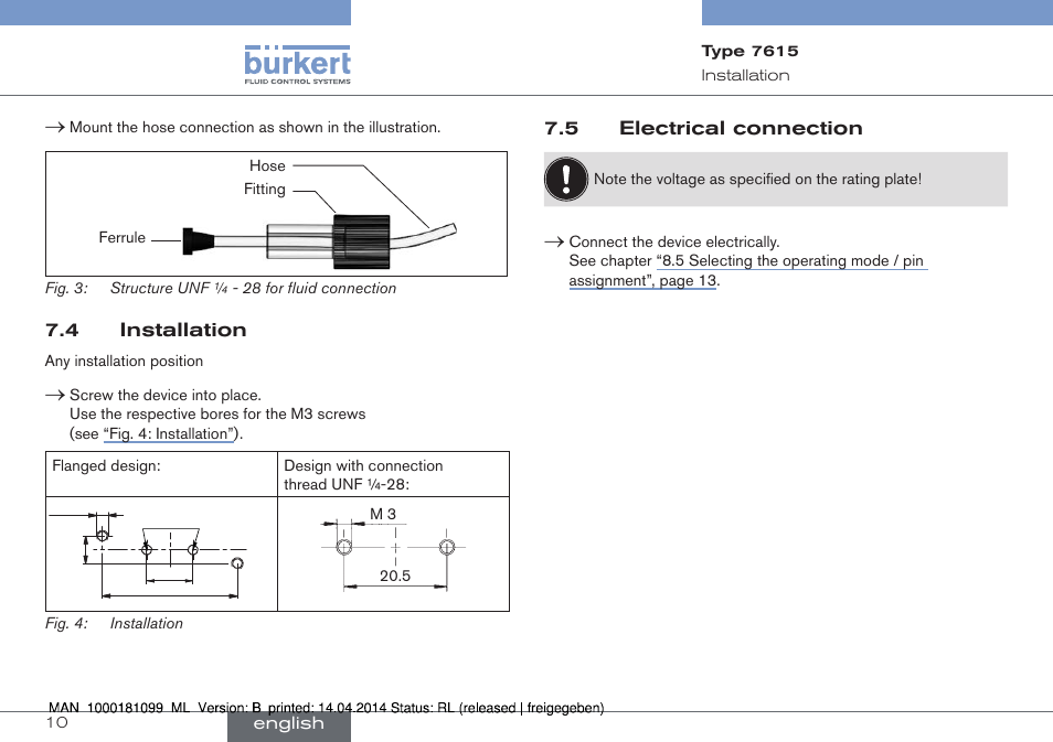 4 installation 7.5 electrical connection | Burkert Type 7615 User Manual | Page 10 / 40