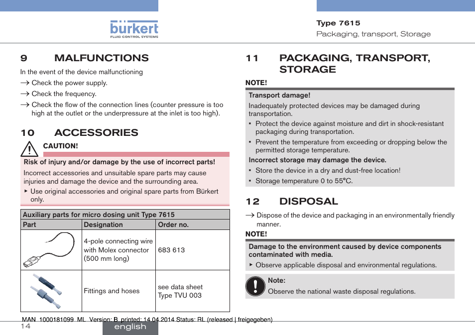9 malfunctions, 10 accessories, 11 packaging, transport, storage | 12 disposal | Burkert Type 7615 User Manual | Page 14 / 40