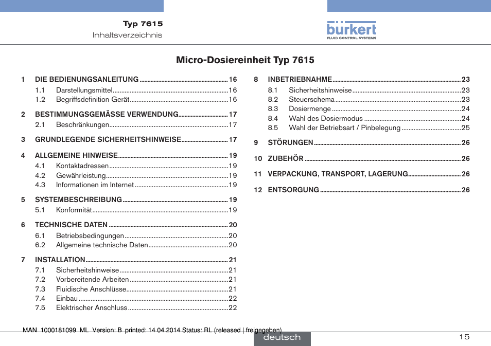 Deutsch, Micro-dosiereinheit typ 7615 | Burkert Type 7615 User Manual | Page 15 / 40