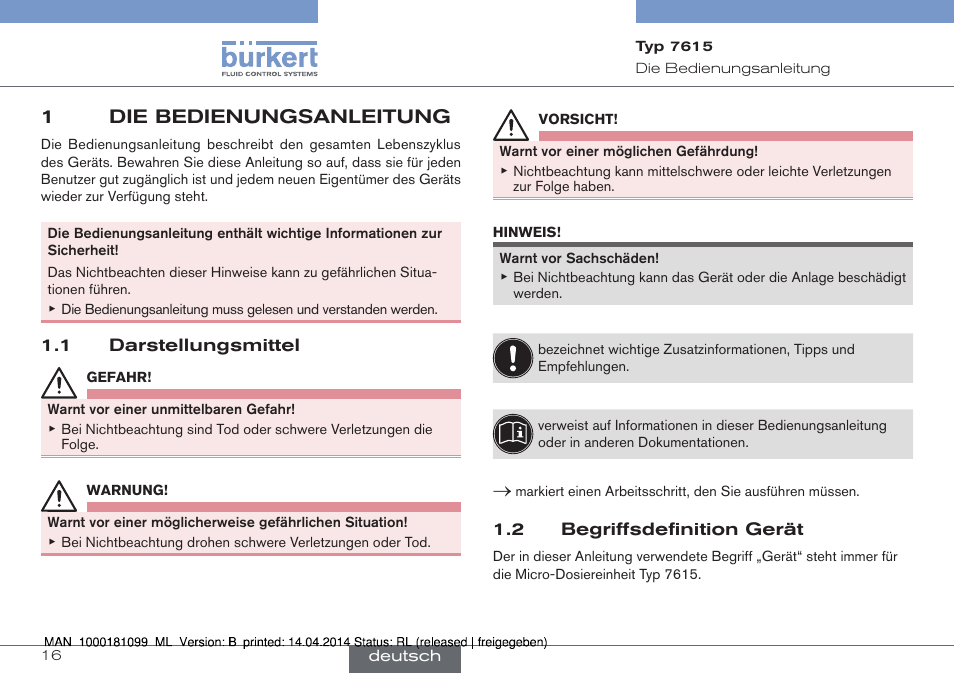 1 die bedienungsanleitung, 1 darstellungsmittel 1.2 begriffsdefinition gerät, 1die bedienungsanleitung | Burkert Type 7615 User Manual | Page 16 / 40