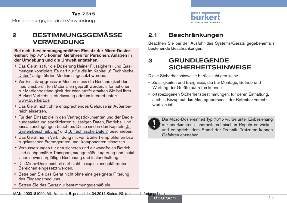 2 bestimmungsgemässe verwendung, 1 beschränkungen, 3 grundlegende sicherheitshinweise | 2bestimmungsgemässe verwendung, 3grundlegende sicherheitshinweise | Burkert Type 7615 User Manual | Page 17 / 40