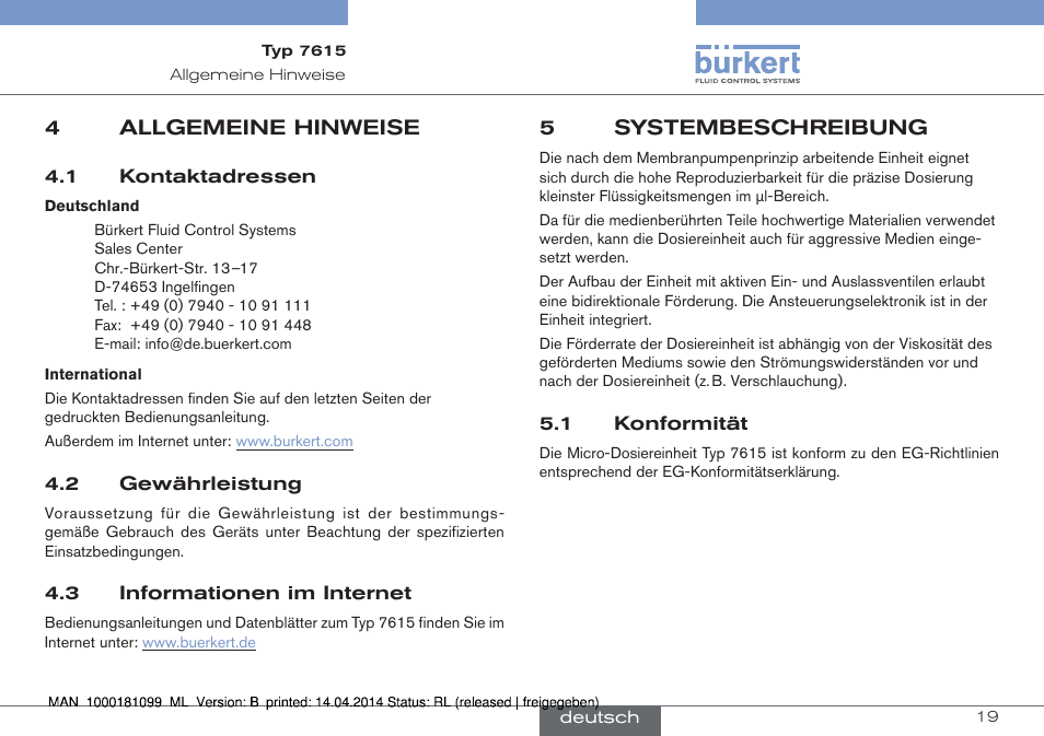 4 allgemeine hinweise, 5 systembeschreibung, 1 konformität | Systembeschreibung | Burkert Type 7615 User Manual | Page 19 / 40