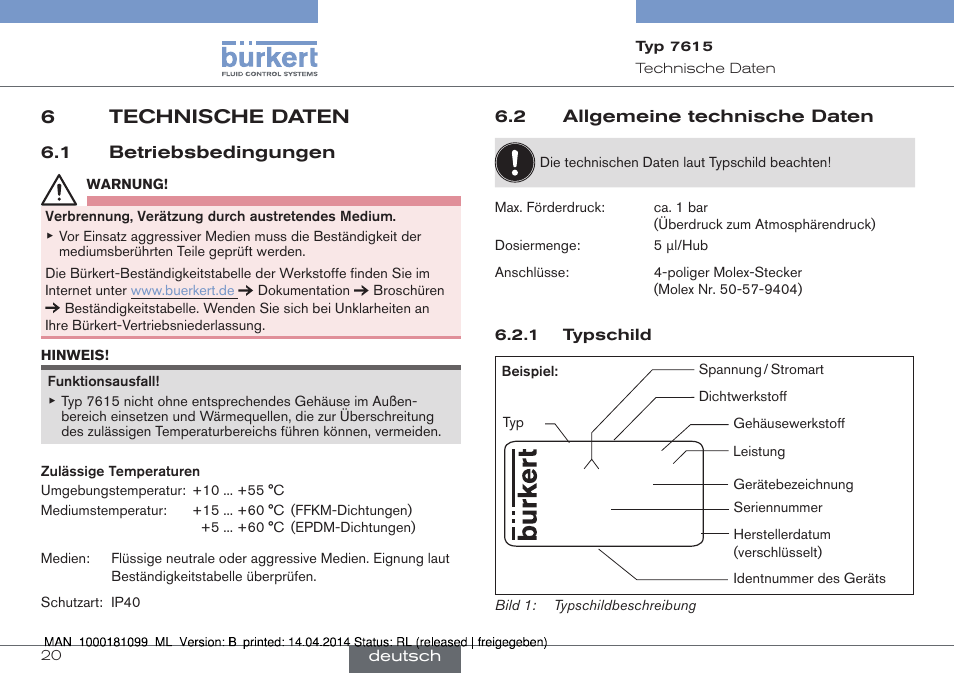 6 technische daten, Daten, Und „6 technische daten | 6technische daten | Burkert Type 7615 User Manual | Page 20 / 40