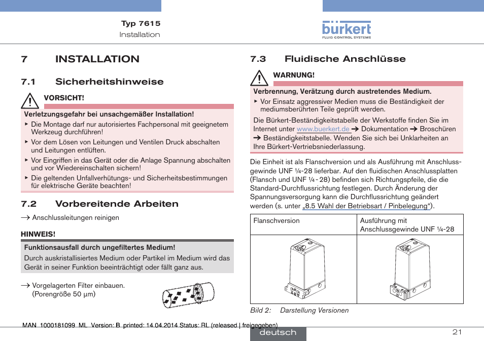 7 installation, 7installation | Burkert Type 7615 User Manual | Page 21 / 40