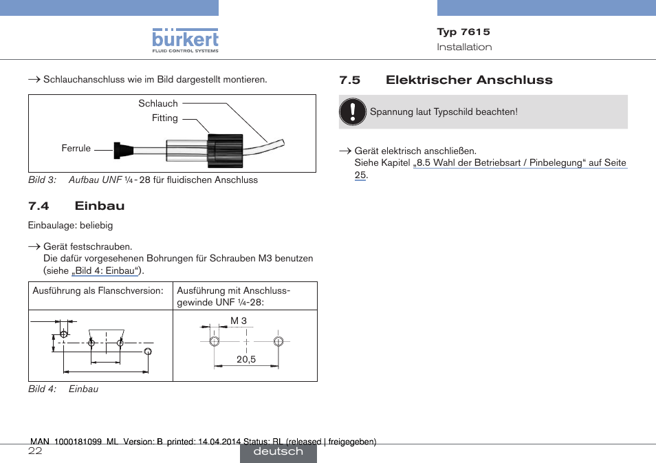 4 einbau 7.5 elektrischer anschluss | Burkert Type 7615 User Manual | Page 22 / 40