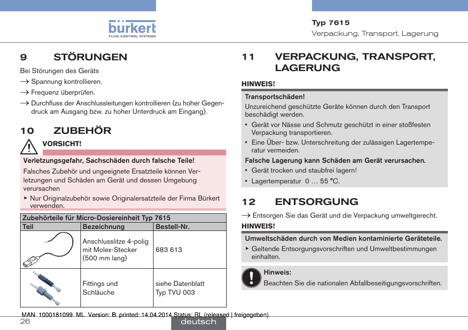 9 störungen, 10 zubehör, 11 verpackung, transport, lagerung | 12 entsorgung | Burkert Type 7615 User Manual | Page 26 / 40