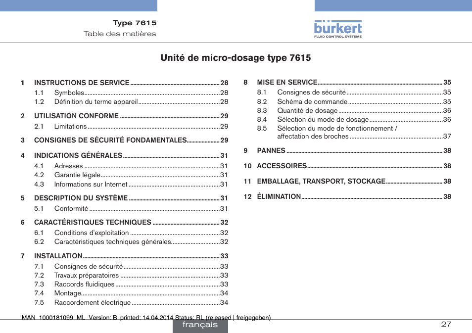 Francais, Unité de micro-dosage type 7615 | Burkert Type 7615 User Manual | Page 27 / 40