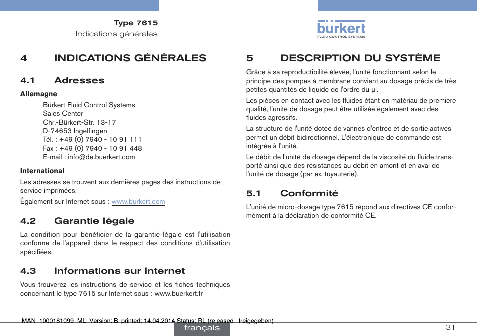 4 indications générales, 5 description du système, 1 conformité | 5 description du, Système | Burkert Type 7615 User Manual | Page 31 / 40