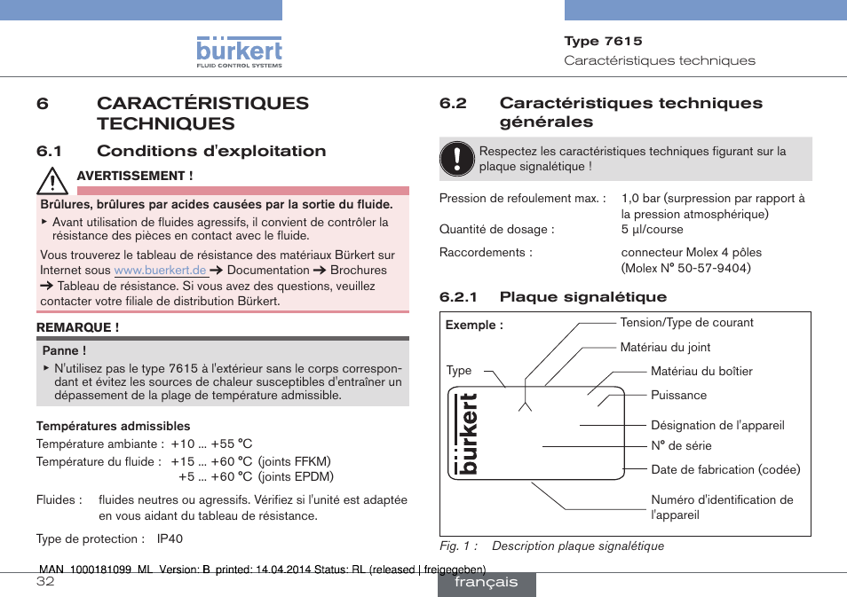 6 caractéristiques techniques, Et « 6 caractéristiques techniques, 6caractéristiques techniques | Burkert Type 7615 User Manual | Page 32 / 40