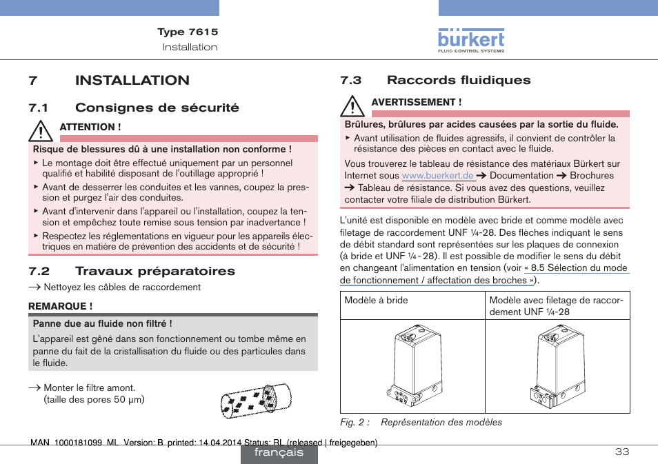 7 installation, 7installation | Burkert Type 7615 User Manual | Page 33 / 40