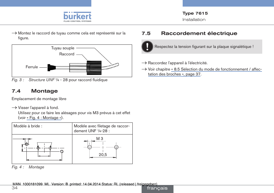 4 montage 7.5 raccordement électrique | Burkert Type 7615 User Manual | Page 34 / 40