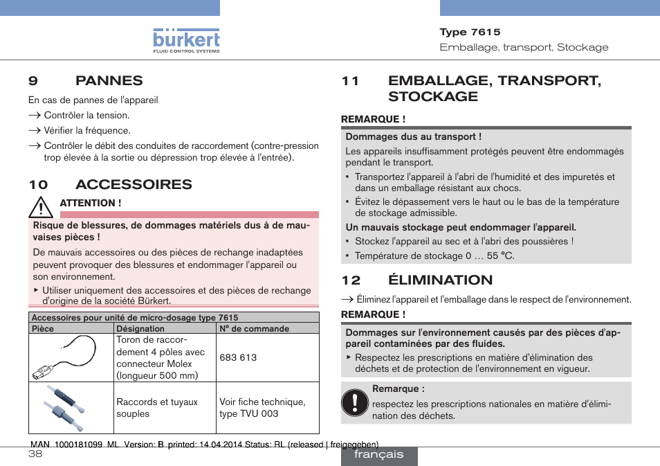 9 pannes, 10 accessoires, 11 emballage, transport, stockage | 12 élimination, 9pannes | Burkert Type 7615 User Manual | Page 38 / 40