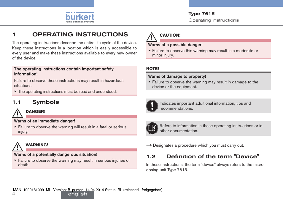 1 operating instructions, 1 symbols 1.2 definition of the term "device, 1operating instructions | Burkert Type 7615 User Manual | Page 4 / 40