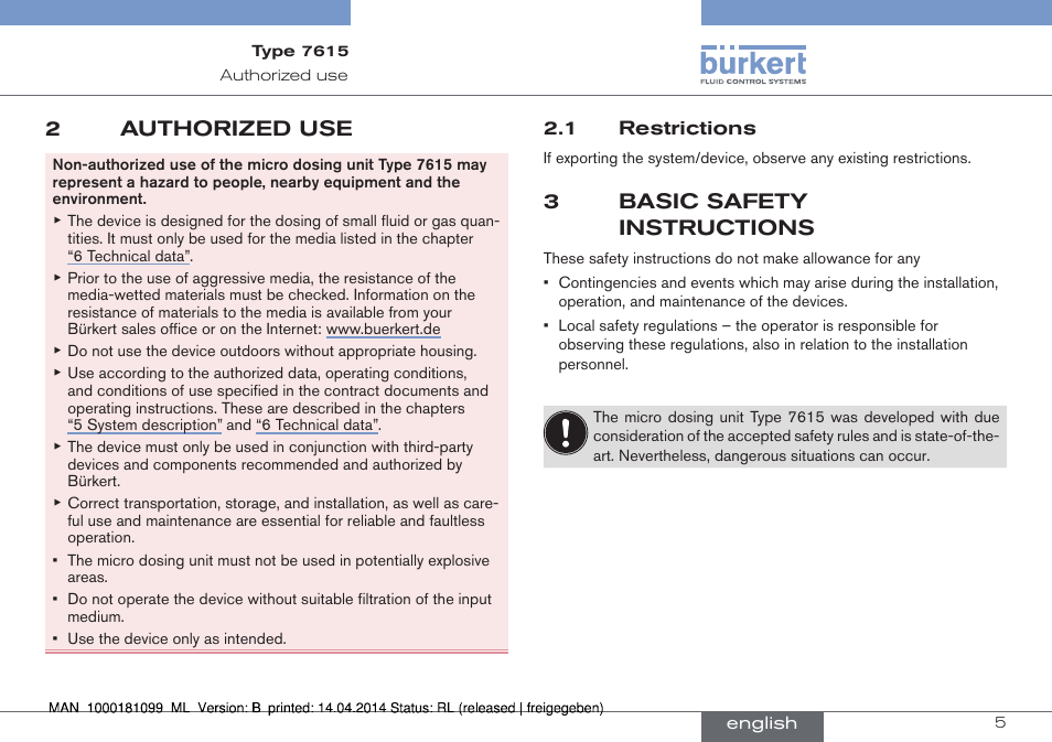 2 authorized use, 1 restrictions, 3 basic safety instructions | 2authorized use, 3basic safety instructions | Burkert Type 7615 User Manual | Page 5 / 40