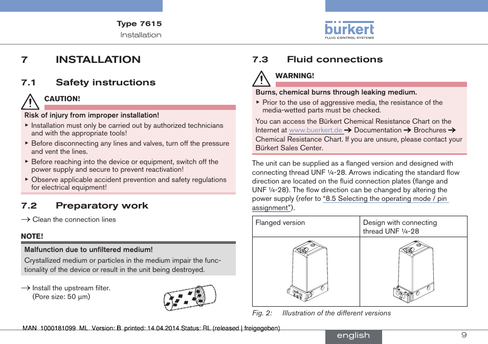 7 installation, 7installation | Burkert Type 7615 User Manual | Page 9 / 40