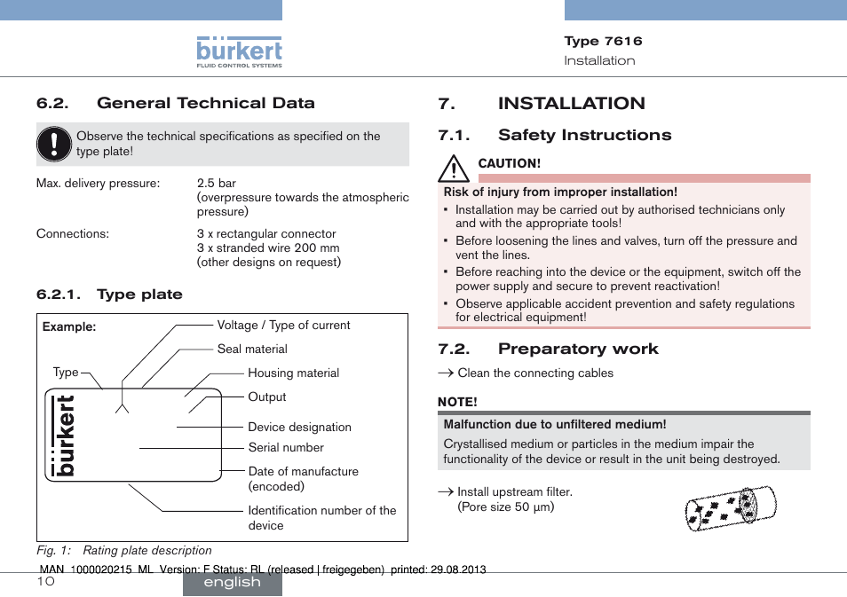 General technical data, Installation, Safety instructions 7.2. preparatory work | Installation 7 | Burkert Type 7616 User Manual | Page 10 / 62