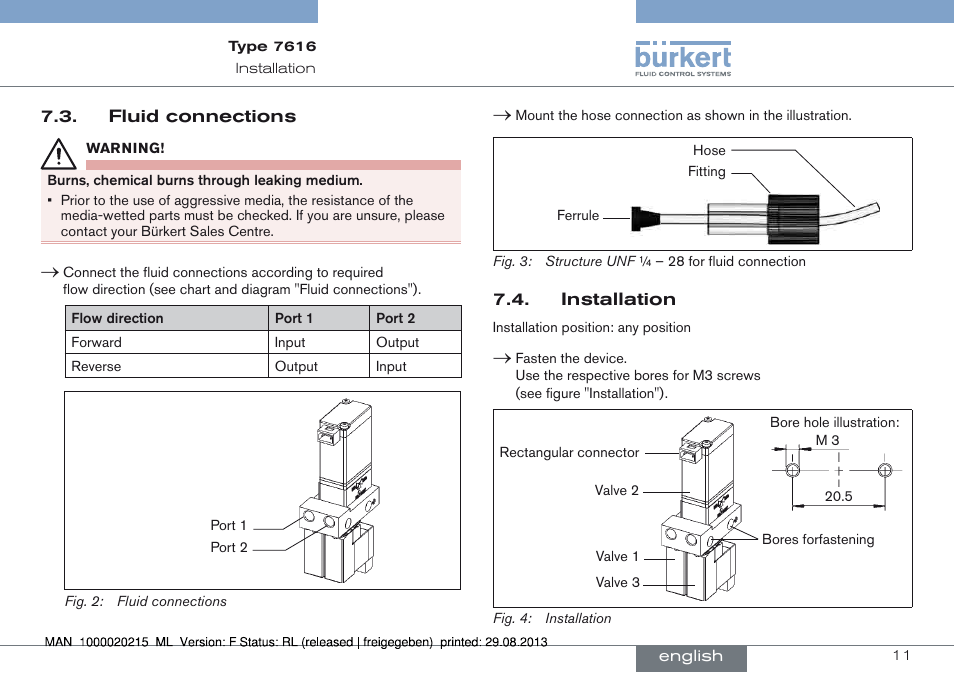 Fluid connections 7.4. installation | Burkert Type 7616 User Manual | Page 11 / 62