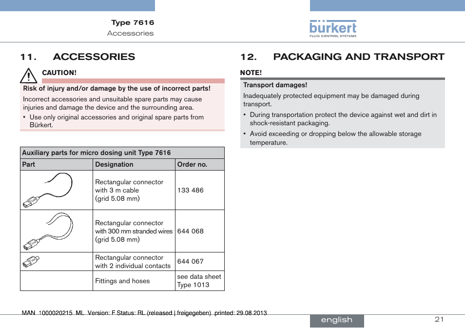 Accessories, Accessories 11, Packaging and transport 12 | Burkert Type 7616 User Manual | Page 21 / 62