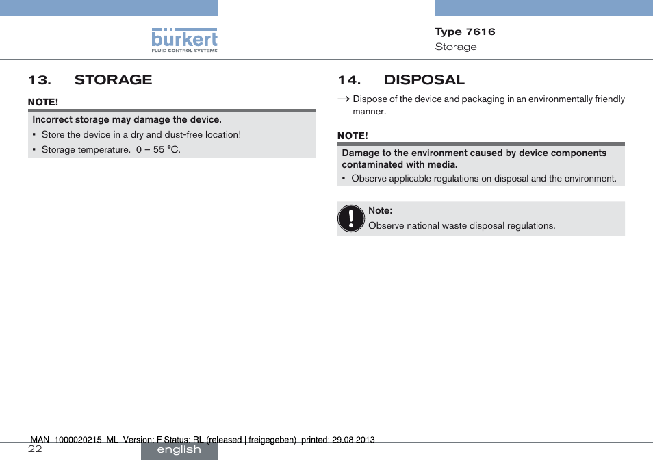 Storage 13, Disposal 14 | Burkert Type 7616 User Manual | Page 22 / 62