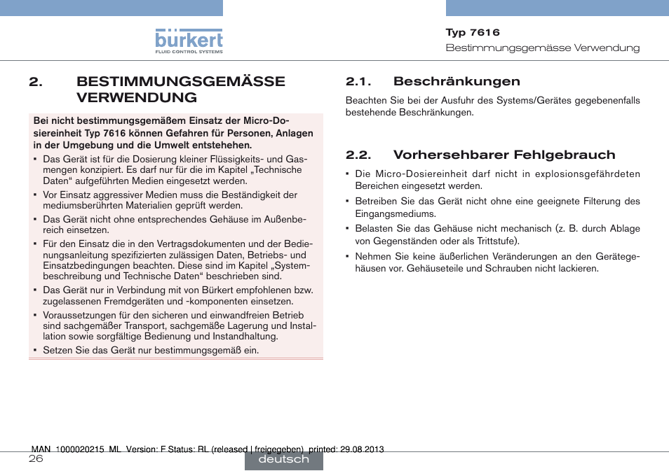 Bestimmungsgemässe verwendung, Beschränkungen 2.2. vorhersehbarer fehlgebrauch, Bestimmungsgemässe 2. verwendung | Burkert Type 7616 User Manual | Page 26 / 62