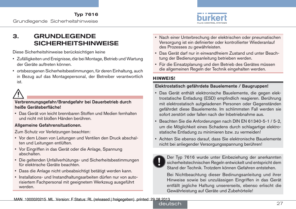 Grundlegende sicherheitshinweise, Grundlegende 3. sicherheitshinweise | Burkert Type 7616 User Manual | Page 27 / 62