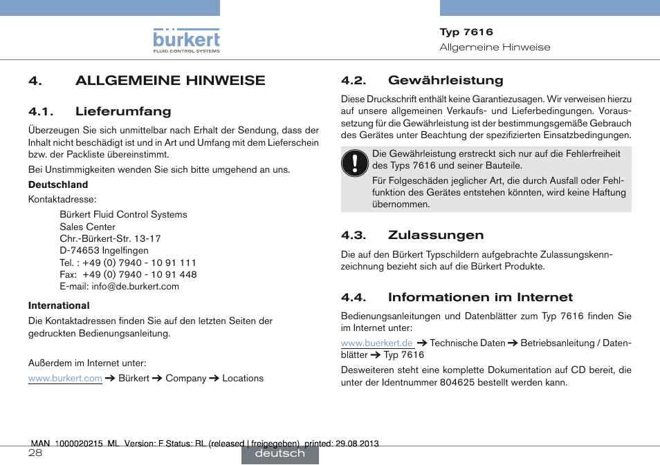 Allgemeine hinweise, Allgemeine hinweise 4 | Burkert Type 7616 User Manual | Page 28 / 62