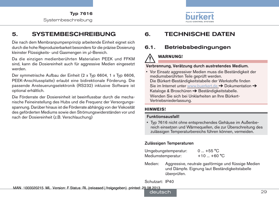 Systembeschreibung, Technische daten, Betriebsbedingungen | Systembeschreibung 5, Technische daten 6 | Burkert Type 7616 User Manual | Page 29 / 62