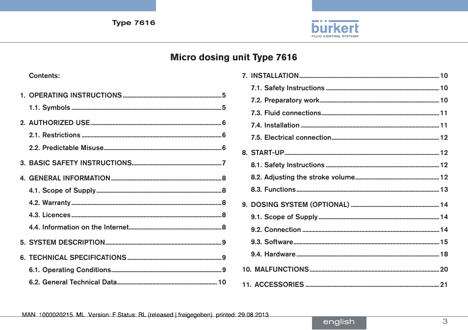 Micro dosing unit type 7616 | Burkert Type 7616 User Manual | Page 3 / 62