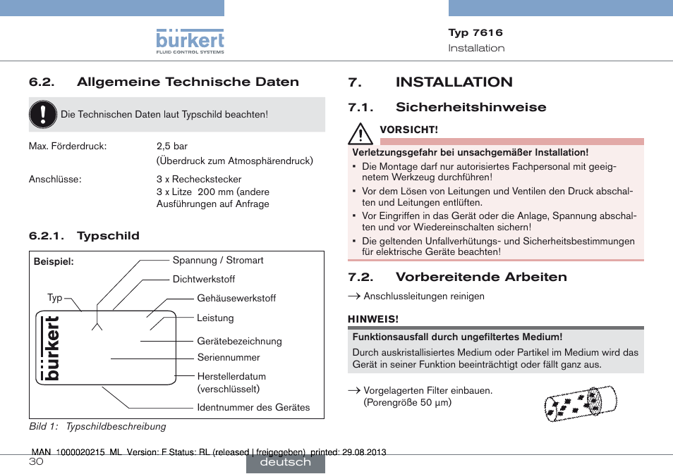 Allgemeine technische daten, Installation, Sicherheitshinweise 7.2. vorbereitende arbeiten | Installation 7 | Burkert Type 7616 User Manual | Page 30 / 62