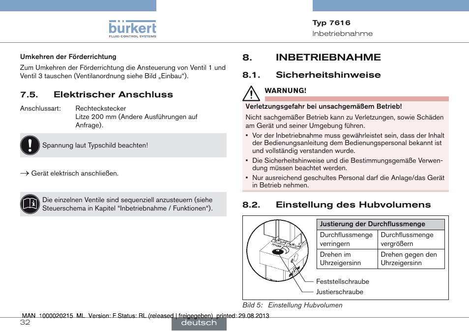 Elektrischer anschluss, Inbetriebnahme, Inbetriebnahme 8 | Burkert Type 7616 User Manual | Page 32 / 62