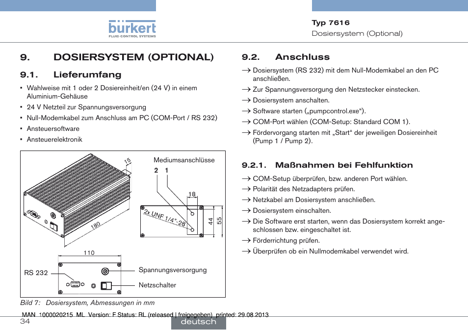 Dosiersystem (optional), Lieferumfang 9.2. anschluss | Burkert Type 7616 User Manual | Page 34 / 62