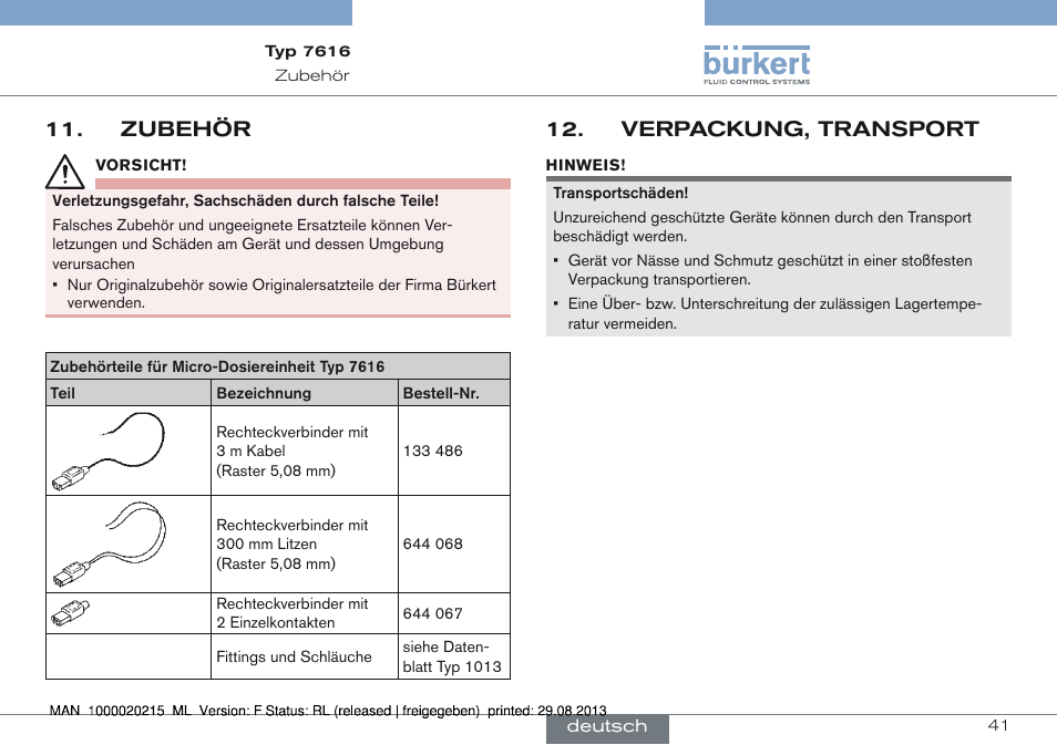 Zubehör, Zubehör 11, Verpackung, transport 12 | Burkert Type 7616 User Manual | Page 41 / 62