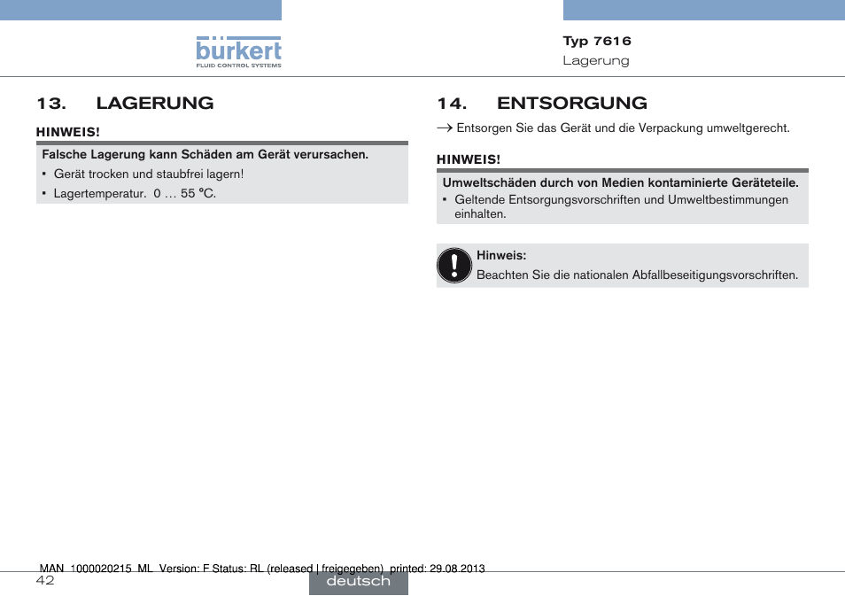 Lagerung 13, Entsorgung 14 | Burkert Type 7616 User Manual | Page 42 / 62