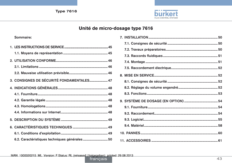 Unité de micro-dosage type 7616 | Burkert Type 7616 User Manual | Page 43 / 62