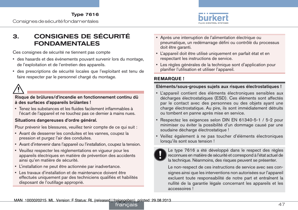 Consignes de sécurité fondamentales, Consignes de sécurité 3. fondamentales | Burkert Type 7616 User Manual | Page 47 / 62