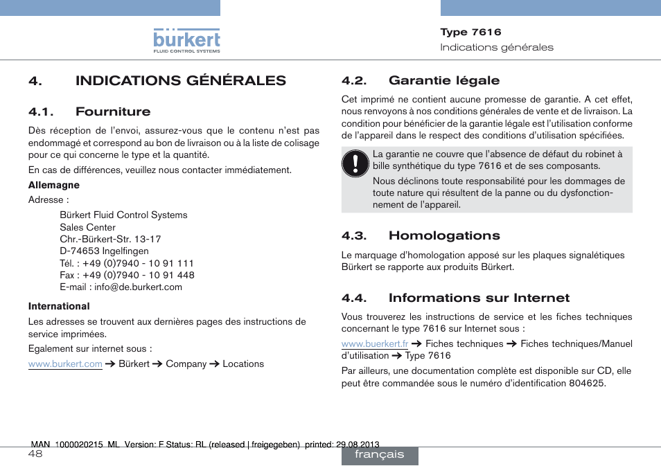 Indications générales, Indications générales 4 | Burkert Type 7616 User Manual | Page 48 / 62