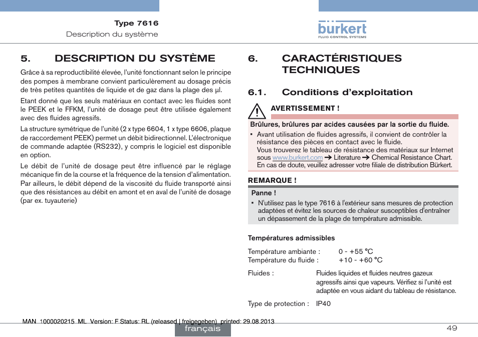 Description du système, Caractéristiques techniques, Conditions d’exploitation | Description du système 5, Caractéristiques 6. techniques | Burkert Type 7616 User Manual | Page 49 / 62