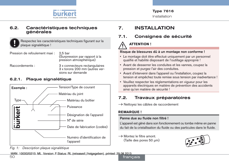 Caractéristiques techniques générales, Installation, Consignes de sécurité 7.2. travaux préparatoires | Installation 7 | Burkert Type 7616 User Manual | Page 50 / 62