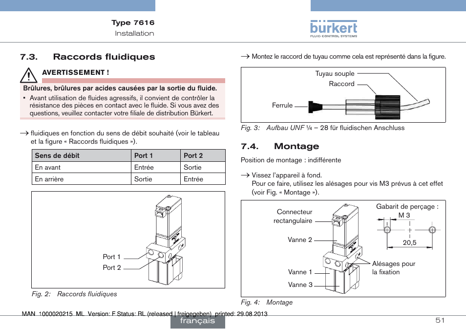 Raccords fluidiques 7.4. montage | Burkert Type 7616 User Manual | Page 51 / 62