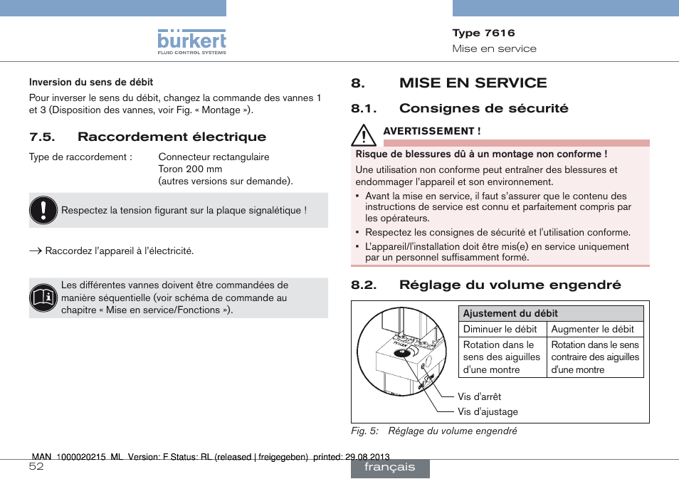 Raccordement électrique, Mise en service, Mise en service 8 | Burkert Type 7616 User Manual | Page 52 / 62