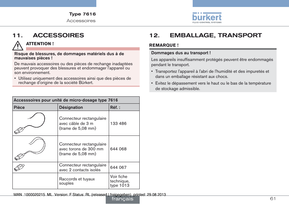 Accessoires, Accessoires 11, Emballage, transport 12 | Burkert Type 7616 User Manual | Page 61 / 62