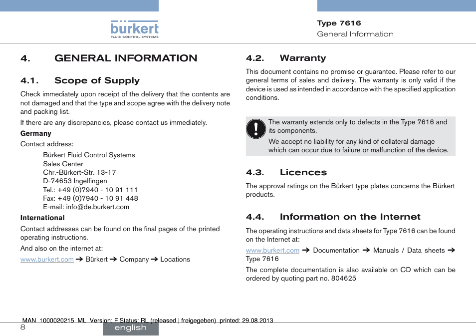 General information, General information 4 | Burkert Type 7616 User Manual | Page 8 / 62