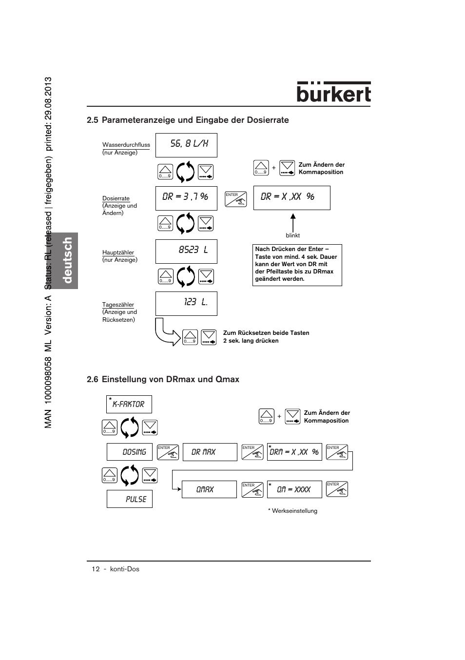 Deutsch, 56, 8 l/h, 123 l | Dr max, Drm = x ,xx, Qmax | Burkert Type 7880 User Manual | Page 12 / 60