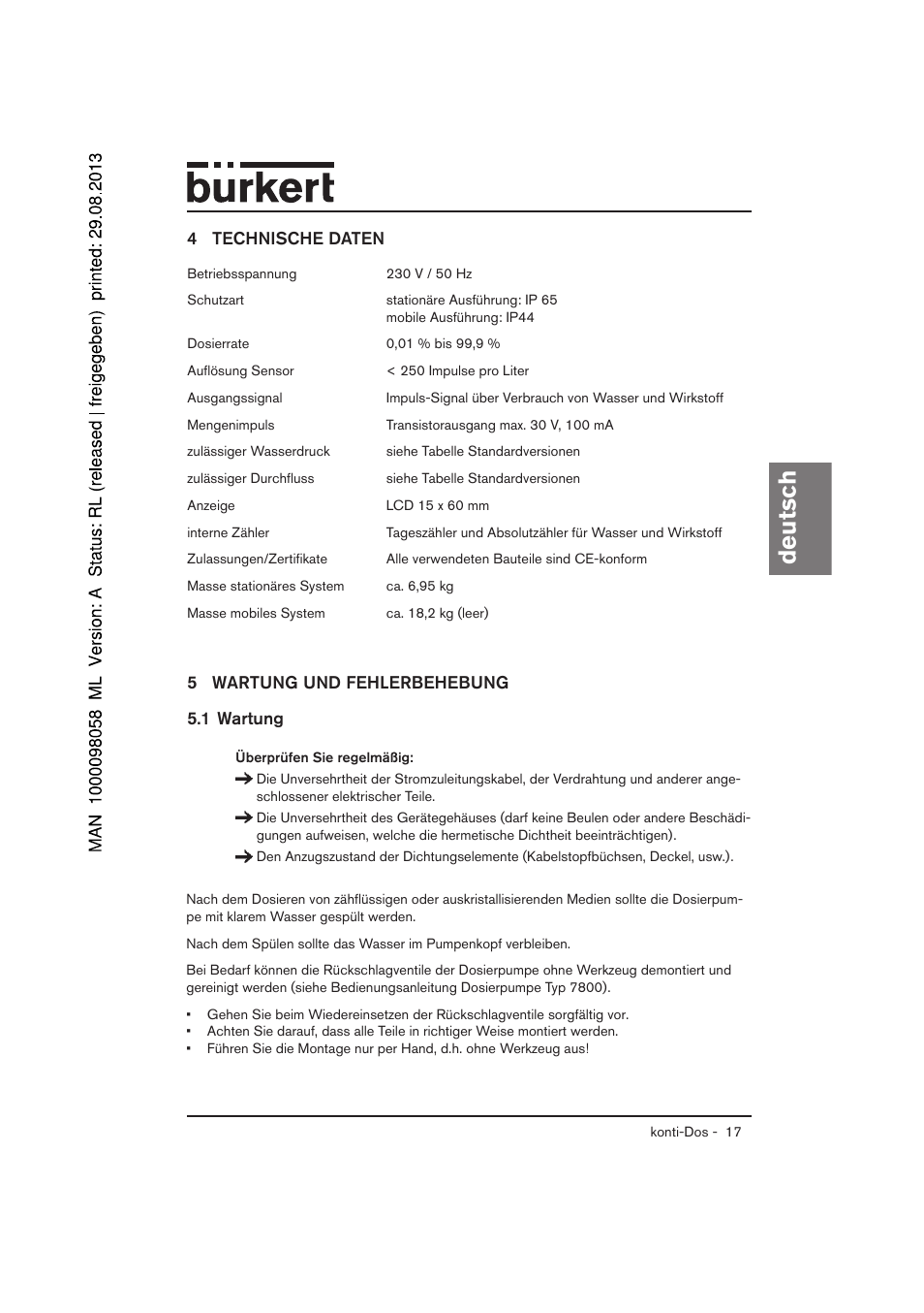 Deutsch, 4 technische daten, 5 wartung und fehlerbehebung | 1 wartung | Burkert Type 7880 User Manual | Page 17 / 60